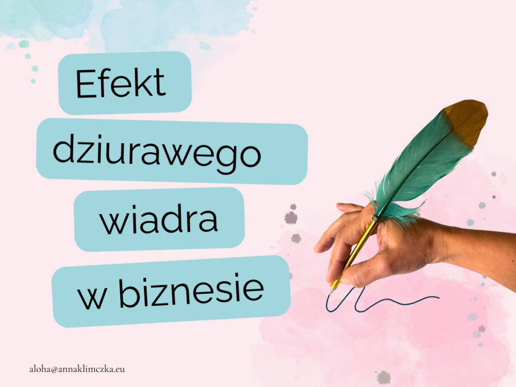 Grafika blogowa z tytułem: Efekt Dziurawego Wiadra w biznesie. Symboliczna dłoń z piórem na tle akwareli.