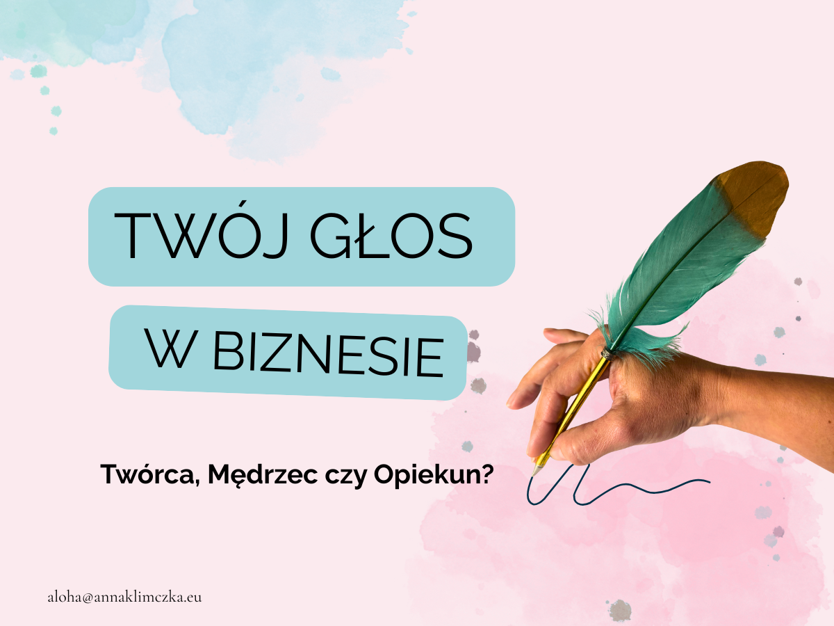 Grafika z symbolem pióra i napisem "Twój Głos w Biznesie", promująca artykuł o archetypach marki: Twórca, Mędrzec i Opiekun.